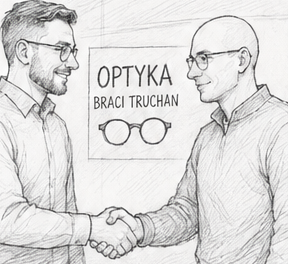 Rysunek: bracia podają sobie dłoń pod szyldem Optyka Braci Truchan
